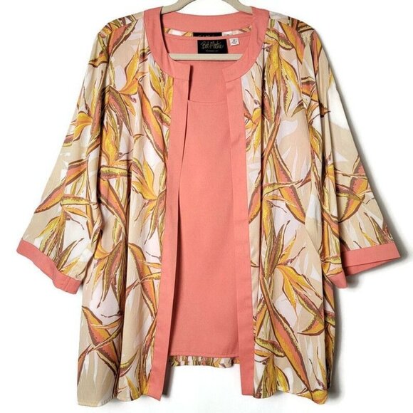 Bob Mackie Wearable Art Peach Botanical Open Front Cardigan Kimono With Tank 1X - Picture 1 of 10